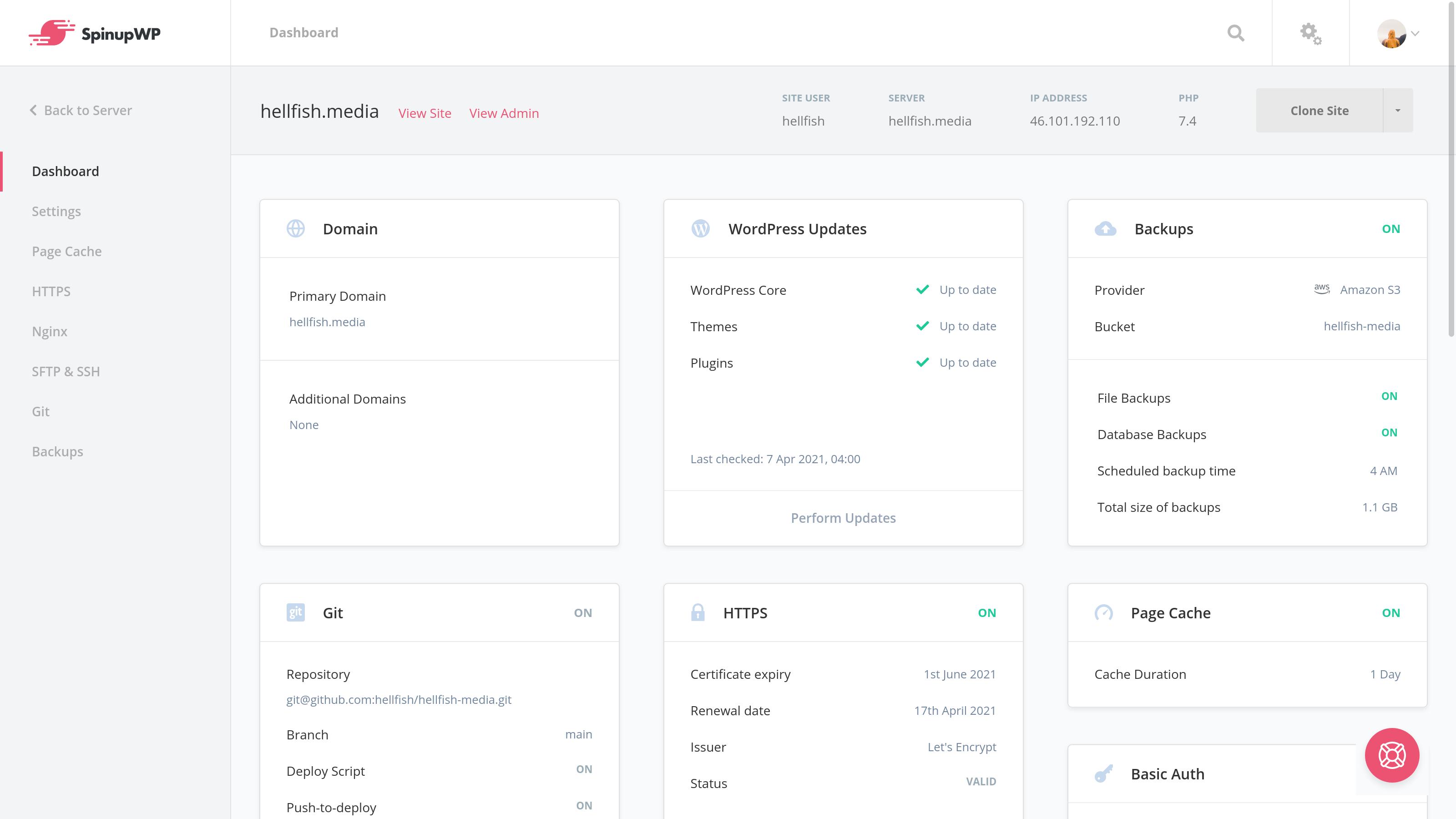 Site dashboard screen launched - SpinupWP