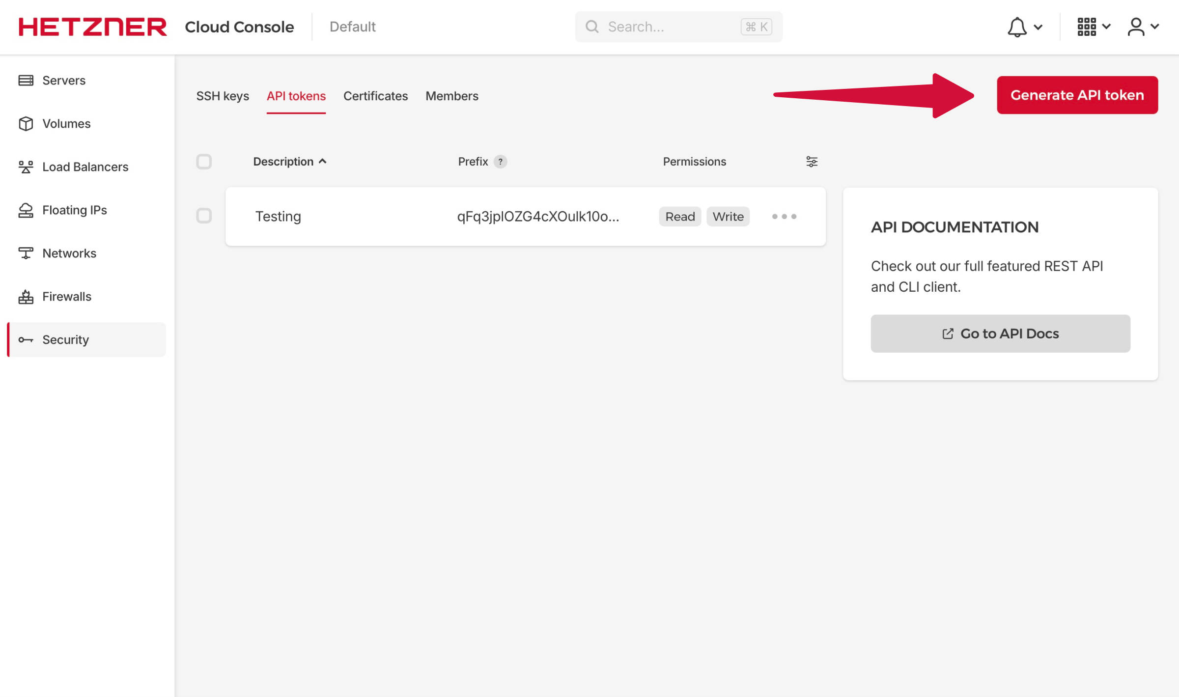Hetzner Security tab showing "Generate API Token" button
