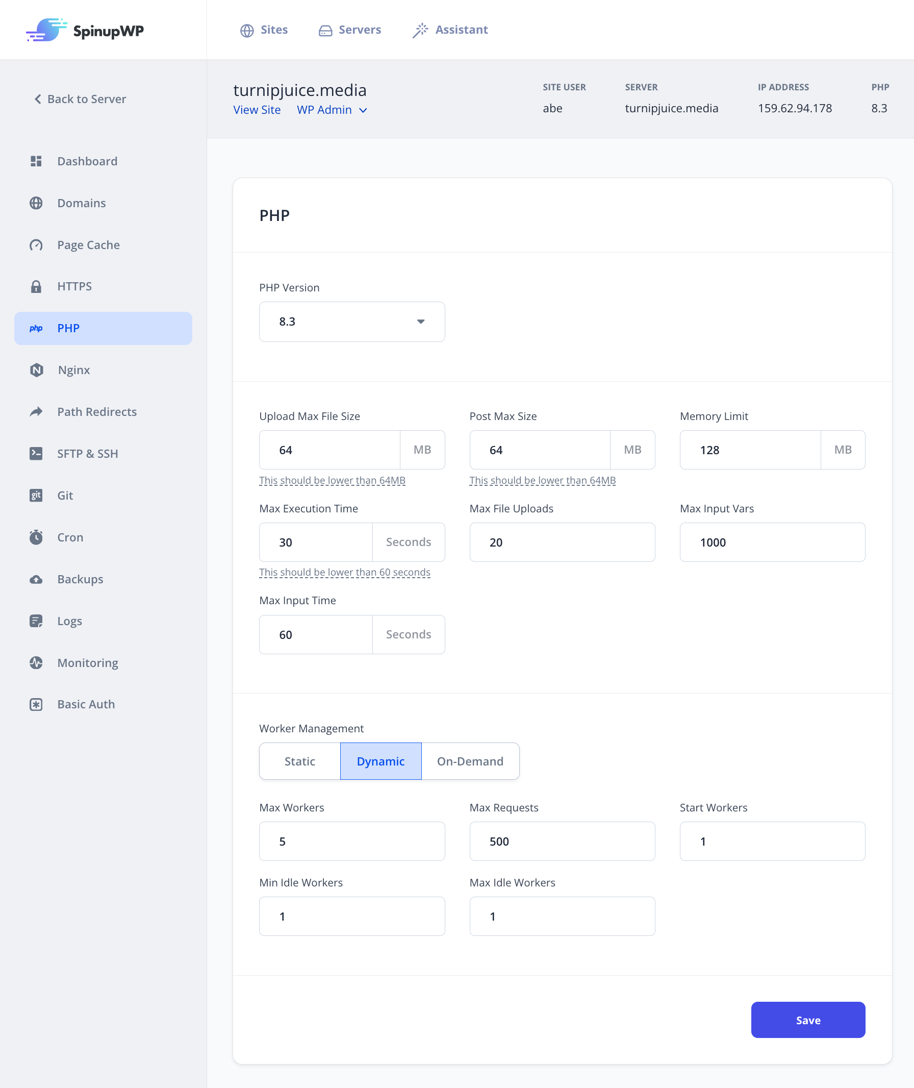 Manage PHP Settings - SpinupWP