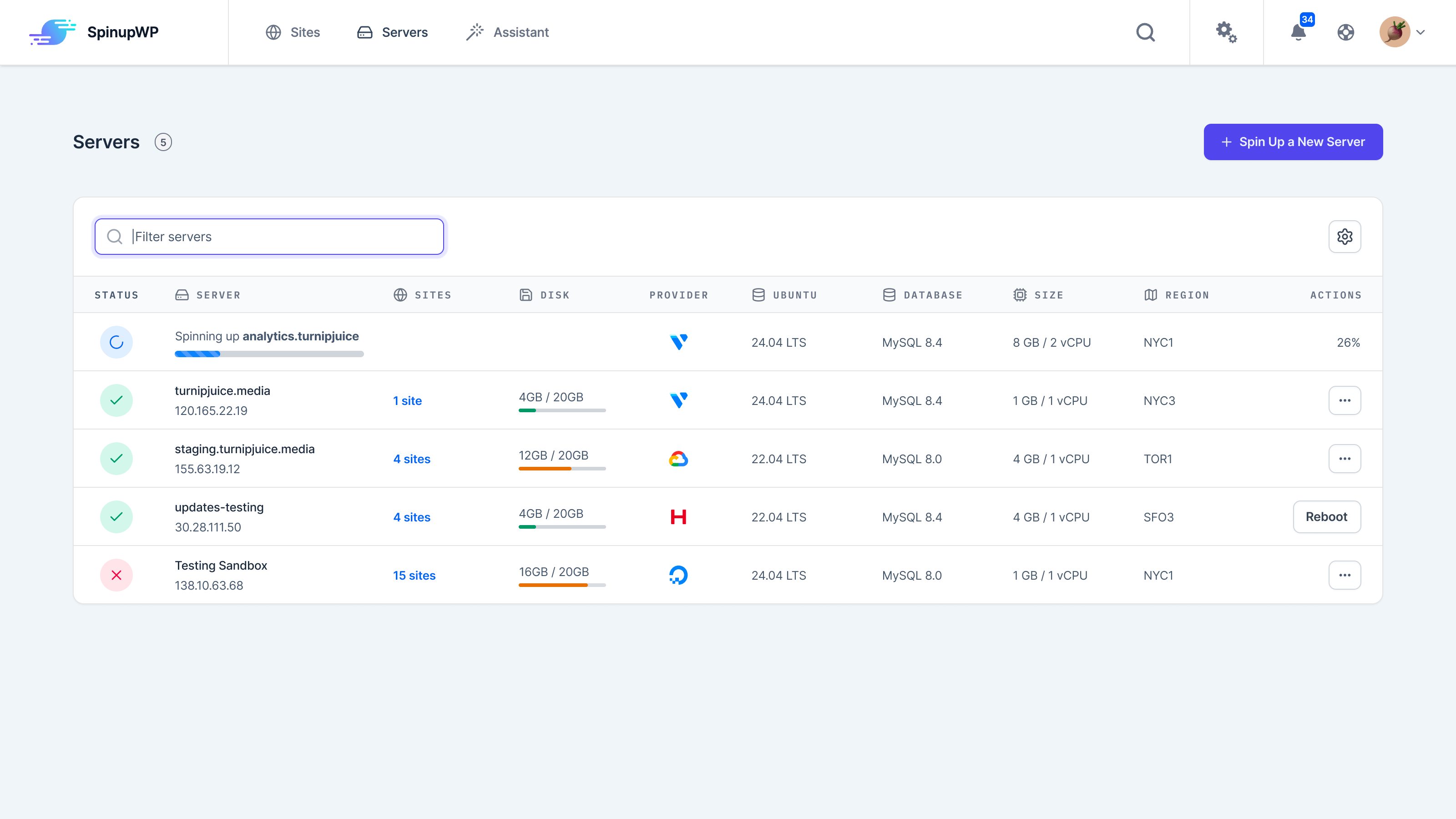 New dashboard with filtering and sorting - SpinupWP